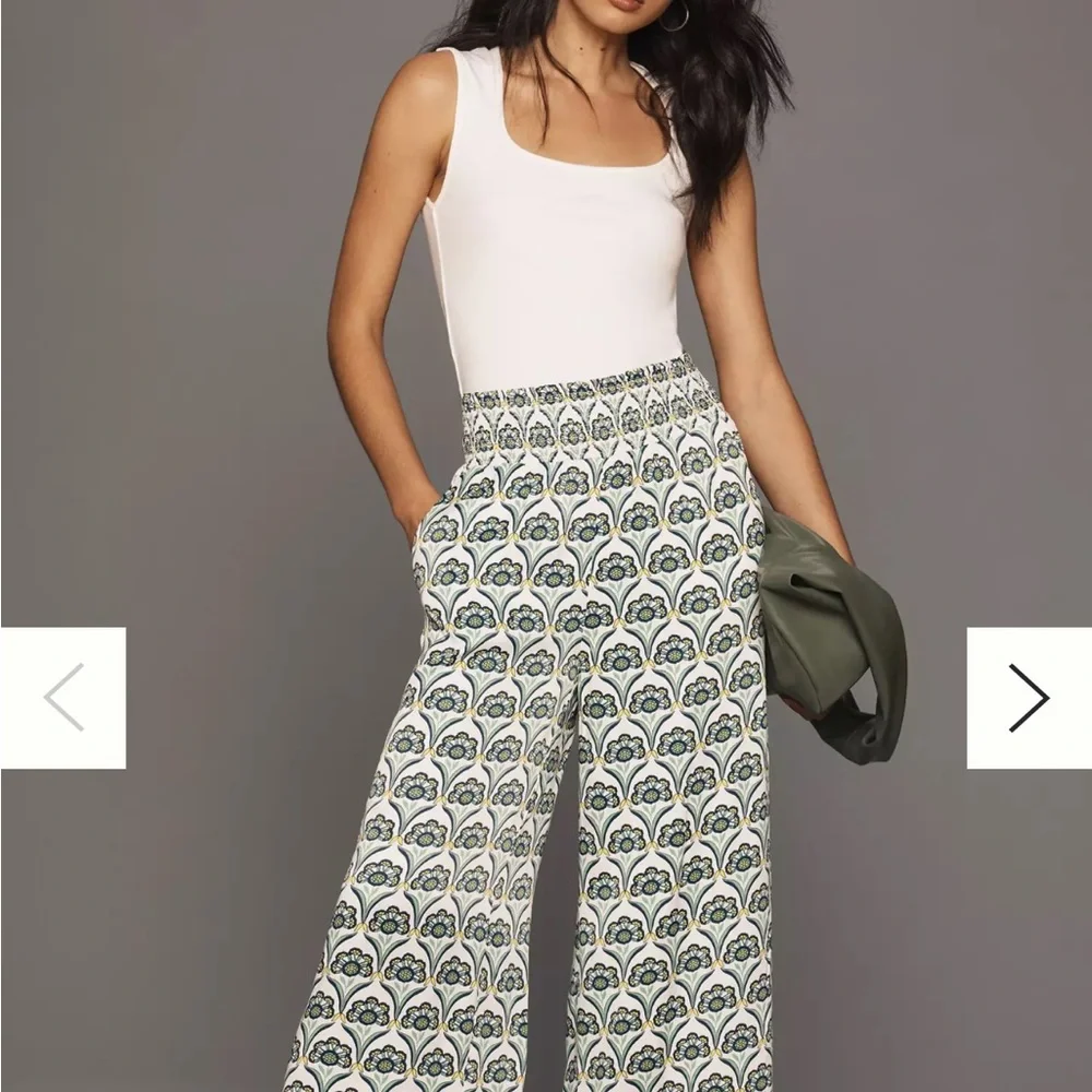 Anthropologie Saria Green Blue Yellow Floral Patterned Wide Leg Pants Size LT - Picture 1 of 5